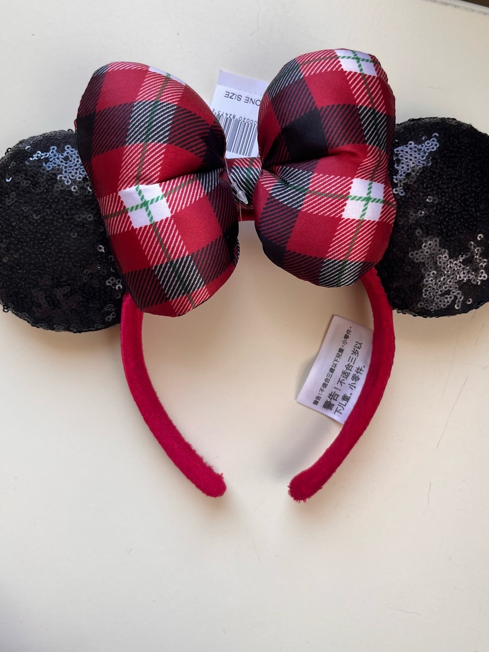 Plaid Bow Disney Parks Sequin Puffy Mouse Ear Headband - Red & Black-Christmas